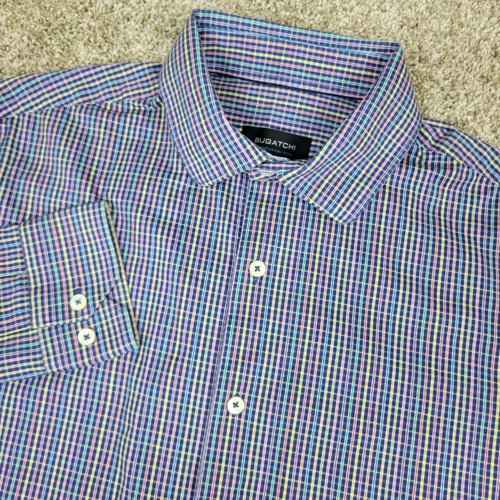 Bugatchi OoohCotton Tech 8 Way Stretch Mens Large Multicolor Check Button Up LS